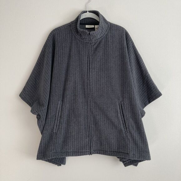 LL Bean Fleece Poncho Sweater Womens Small Gray Herringbone Oversized Pockets - Picture 1 of 8